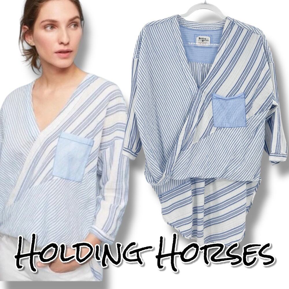 Anthro Holding Horses Blue White Stripe Wrap High Low Tunic Top Coastal Womens S